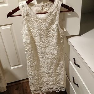 Petite Loft Scallop Lace Dress, Whisper White